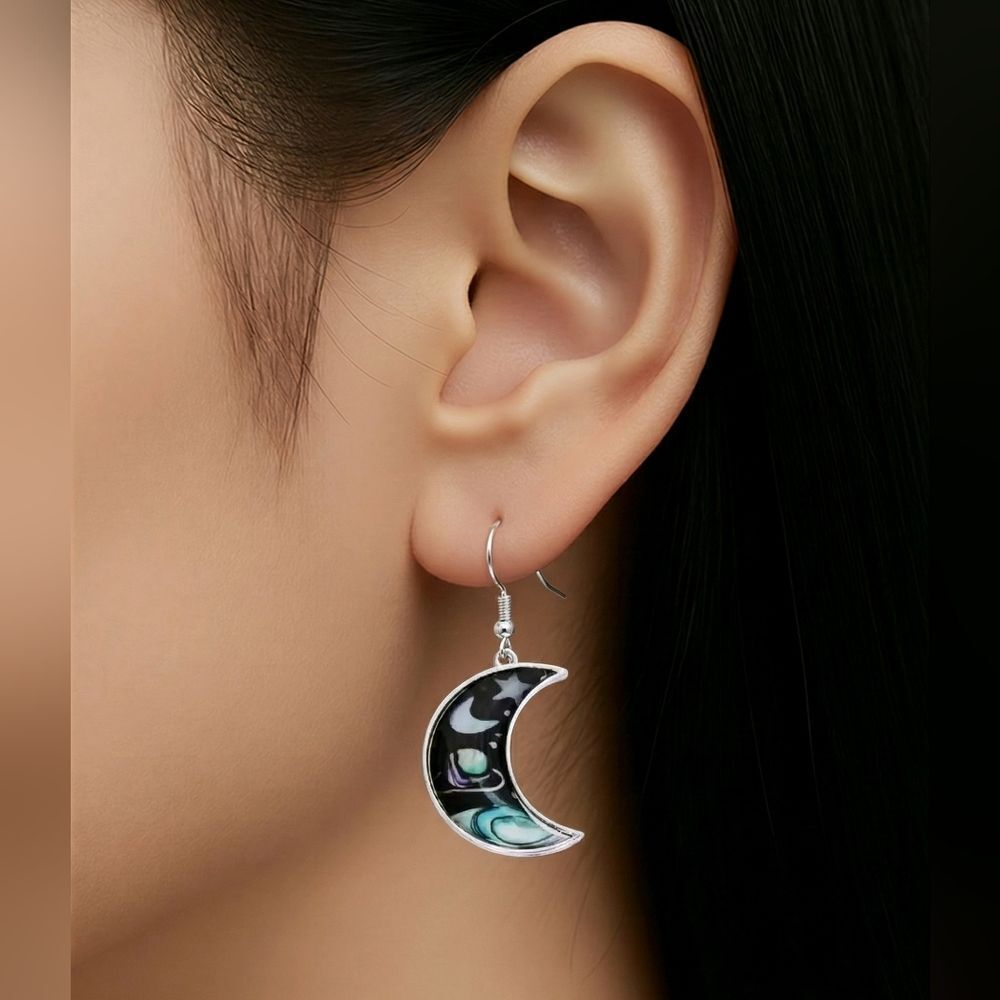 Celestial Crescent Moon Earrings Starry Night Galaxy Saturn Dangle Silver Gift